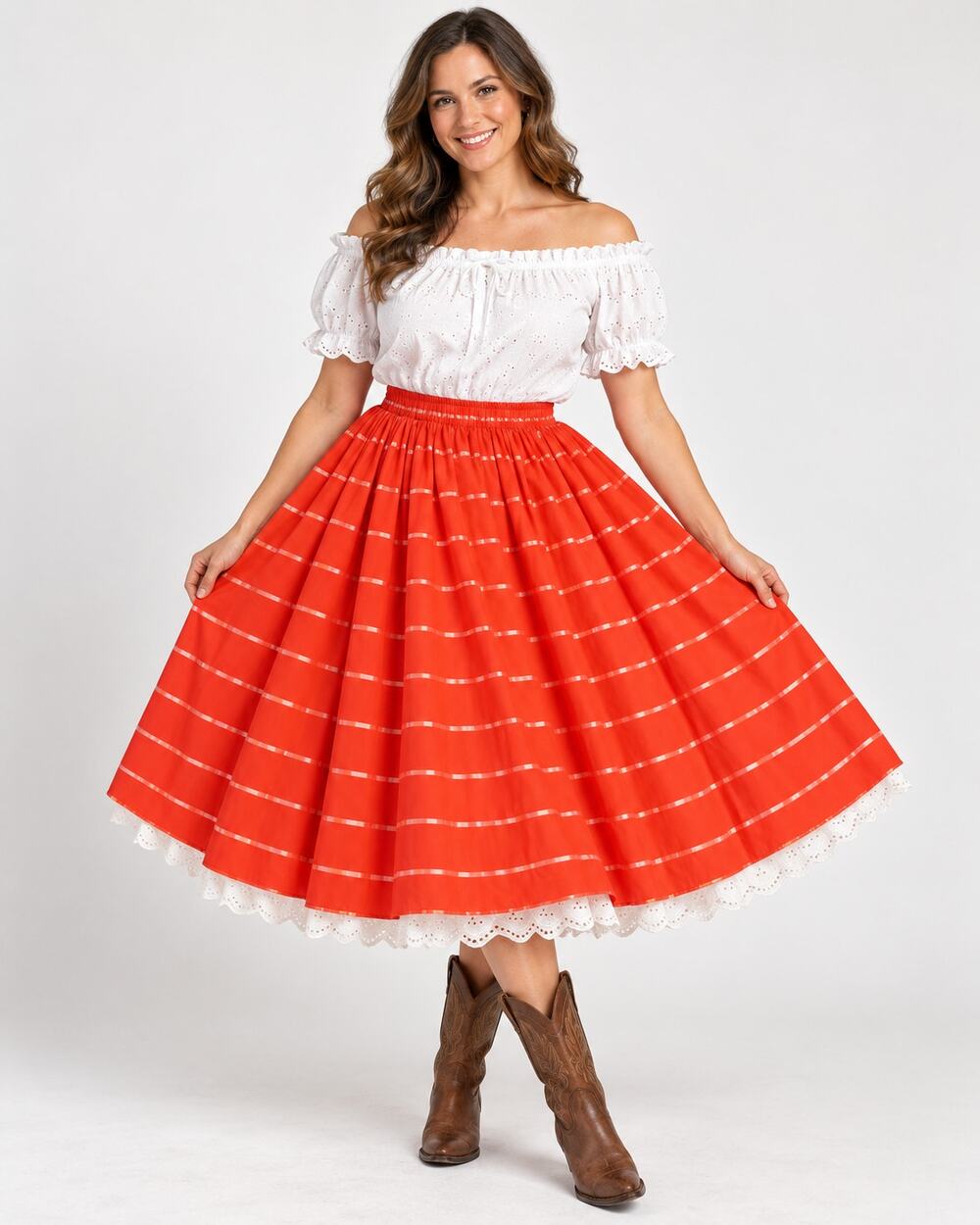 Vintage 1970s Red Square Dance Circle Skirt Size 12 28" Waist Eyelet